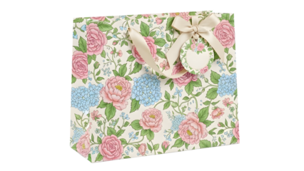 A beautifully decorated gift bag with a floral pattern and ribbon on transparent background