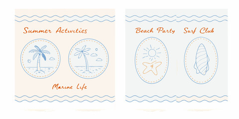 Summer themed posters featuring beach icons and marine life illustrations © RanjanKumar