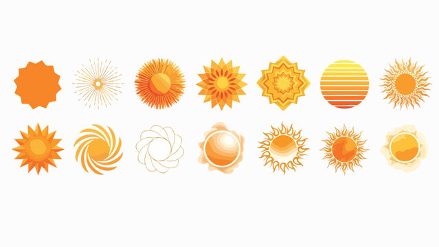 A vibrant collection of diverse sun icons and symbols, showcasing radiant energy, warmth, and natural light in various artistic vector designs, perfect for summer themes and bright day concepts