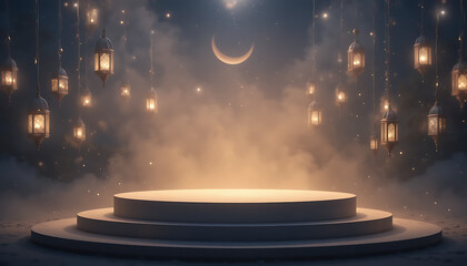 Naklejka premium Mystical platform surrounded by hanging lanterns under a crescent moon in a misty atmosphere