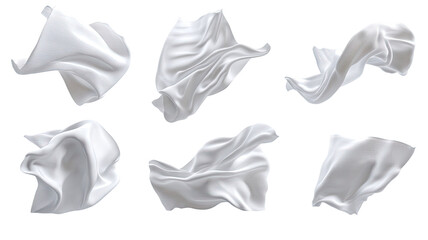 Flowing white fabric cloth folds collection realistic silk textile motion abstract shapes floating isolated on white background