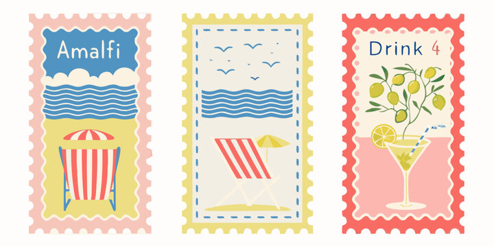 Colorful vintage style postage stamps featuring coastal themes and summer drinks