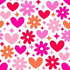 Cute hand drawn heart, flower and star seamless pattern design for Valentine's Day background.