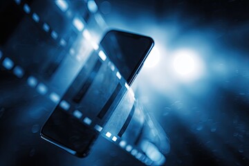 Film strip overlaid smartphone, backlit in blue