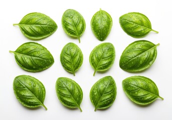 Twelve fresh green leaves adorned with glistening water droplets are arranged on a bright surface