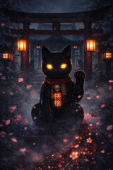 神社に佇む黒の招き猫像（桜舞う夜の神秘）