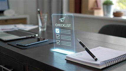 Person using pen to complete digital checklist concept. A modern workspace featuring a checklist, laptop, and stationery. 