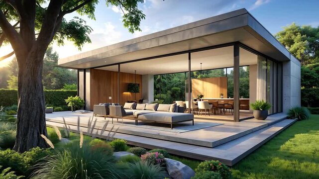 Modern minimalist house with open floor plan and lush green garden, bathed in sunlight.