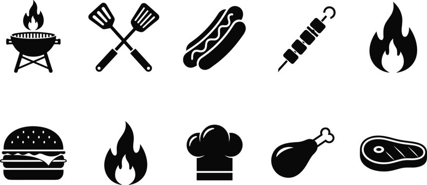 Barbecue and grilling icon set featuring grill station spatulas hot dog burger steak and chef hat isolated on white background