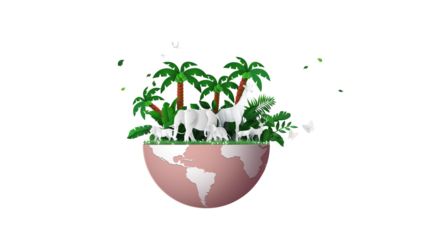 3D Paper Cut Wildlife Conservation Illustration with Animals and Palm Trees on Globe