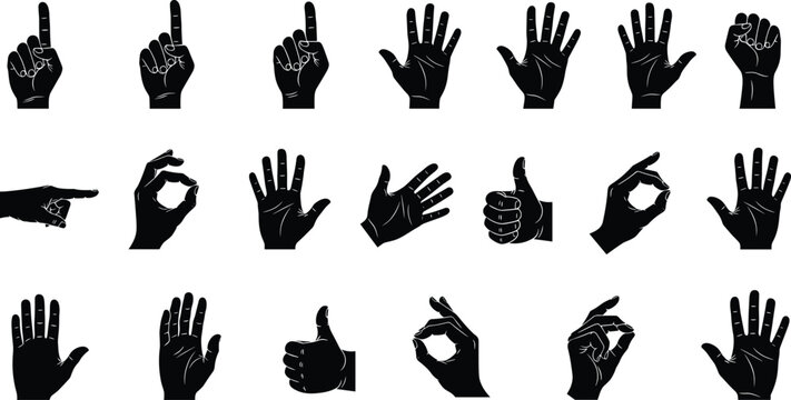 Set of Black Hand Gesture Silhouettes Vector Icons: Thumbs Up, Pointing, Counting Fingers, Open Palm, and Fist Symbols for UI and Communication