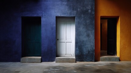 Obraz premium Three wooden doors of different colors on a vibrant blue and orange wall, with a concrete staircase and floor in front of them. 