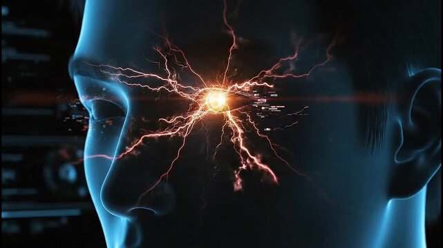 A person's face with a burst of energy emanating from their forehead, set against a dark background