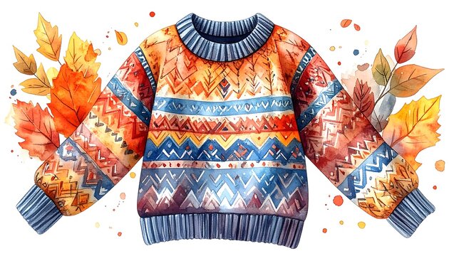 Cozy Autumn Sweater with Fall Leaves Watercolor Design - Seasonal Apparel
