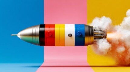 Surreal close-up still life photograph featuring a colorful lego firework, set against vibrant backgrounds with soft shadows and glossy surfaces, capturing a playful and imaginative concept