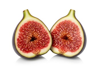 Two halves of a ripe dark purple fig display their vibrant red interior and numerous tiny seeds.