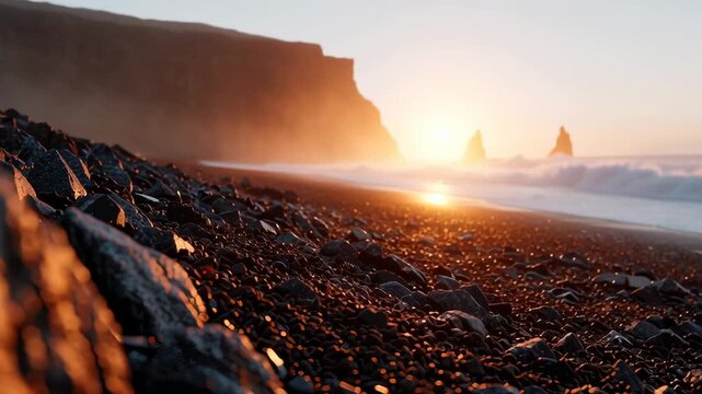 Rocks lie on the wet sand as waves gently crash along the shore. The sun sets behind the cliffs, casting warm light on the landscape. This moment captures nature's beauty at twilight