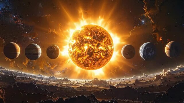 Dramatic space scene featuring a vibrant sun and planets aligned against a cosmic background.