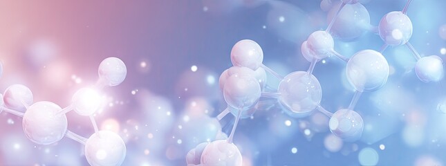 Molecules connected, blurred pink and blue background, soft light and sparkle