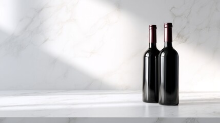 Two bottles sit on a white marble table. The sunlight casts soft shadows on the surface. The setting is bright and simple, focusing on the bottles without labels