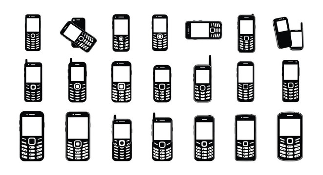 An assortment of vintage cellular phones displayed in a neat black and white arrangement