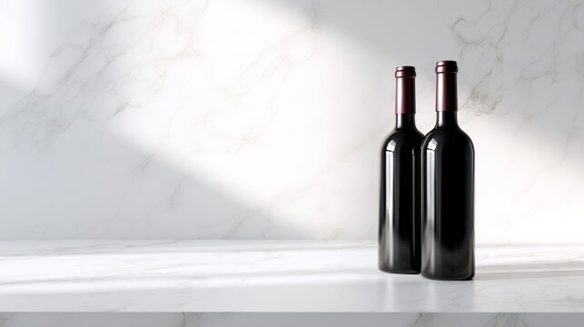 Two bottles sit on a white marble table. The sunlight casts soft shadows on the surface. The setting is bright and simple, focusing on the bottles without labels
