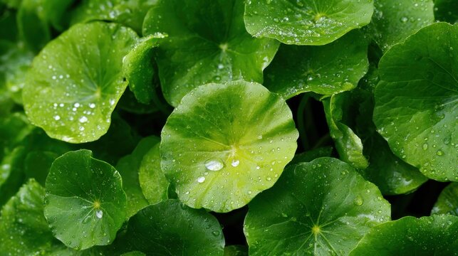 Centella asiatica leaves are shown with water droplets resting on the surface. The close-up captures their texture and natural shine in a garden or outdoor area