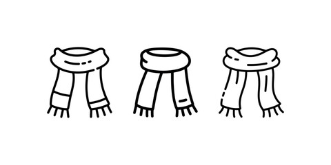 Three scarf icons for winter wear, simple hand-drawn line art style, vector graphics
