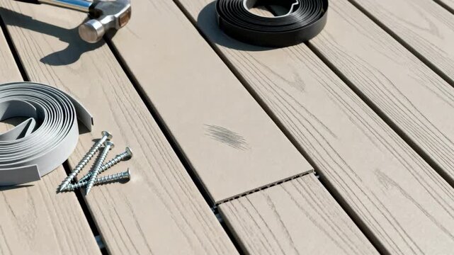 Medium shot of tools and materials on a composite deck focusing on the weatherproof qualities and scratchresistant finish of modern outdoor flooring