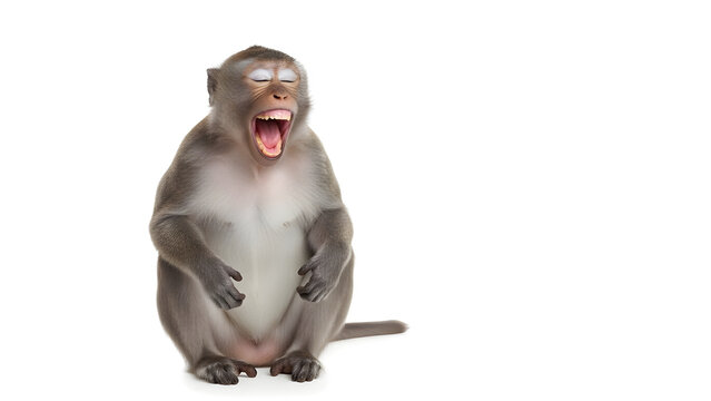 Gray macaque monkey yawning widely with mouth open, sitting isolated PNG with Transparent Background
