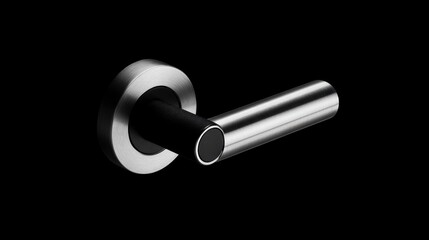 A stainless steel door handle features black details and is shown against a dark backdrop. The design is modern and functional, suitable for any door