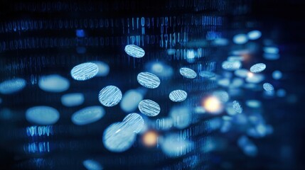 Binary code changes into floating circles, creating a visual representation of digital technology in a dark environment filled with blue lights