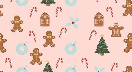 Naklejka premium Cute Christmas seamless pattern with gingerbread cookies candy canes wreaths holly and decorated trees for festive holiday designs