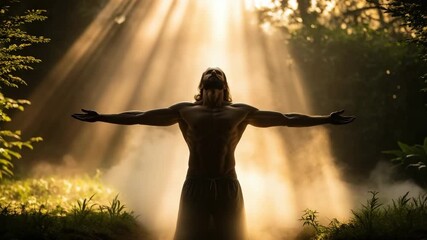 Creation of the first human on earth epic biblical illustration in fantastic style golden earthy tones concept of origin of humanity  