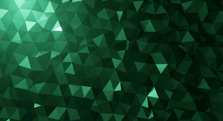 Green triangular facets create irregular surface, reflecting light. It represents complexity, technology and abstract design, suitable for background use