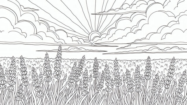 Sun rays stream through clouds over a field of lavender.