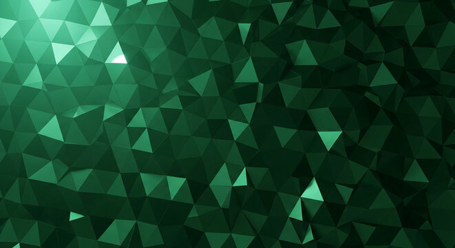 Green triangular facets create irregular surface, reflecting light. It represents complexity, technology and abstract design, suitable for background use - Powered by Adobe