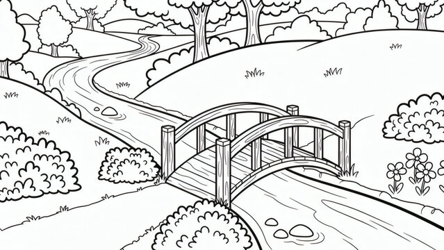 A charming wooden bridge crosses a stream in a natural landscape.