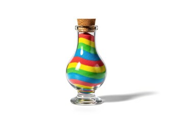 Clear glass container displays vibrantly colored, layered materials sealed with a natural stopper