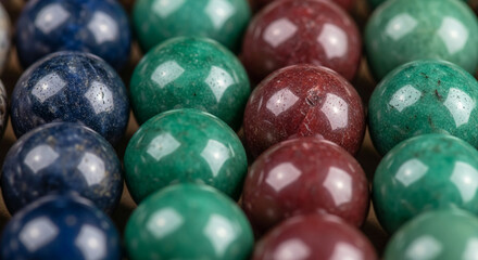 Close-up of multicolored, polished gemstone spheres arranged together, creating a textured pattern and suggesting natural beauty, value and mineralogy