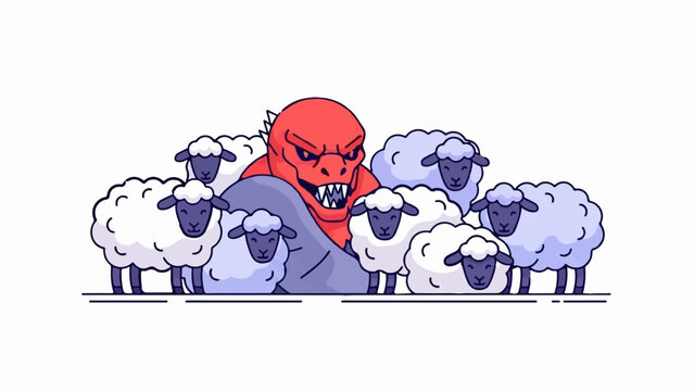 A red monster lurks among a flock of fluffy sheep