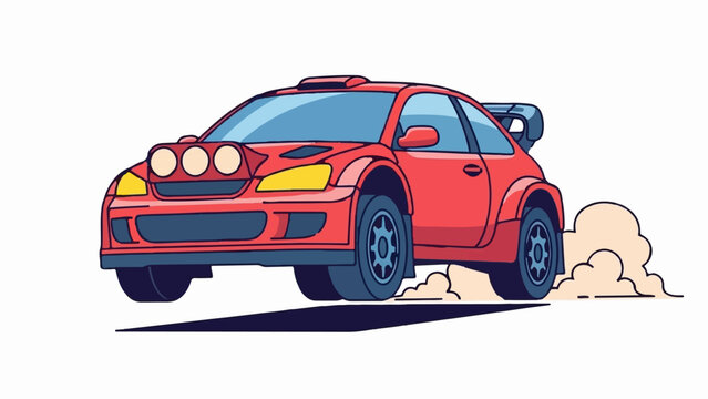 A red rally car with a spoiler and fog lights is driving on a dirt track