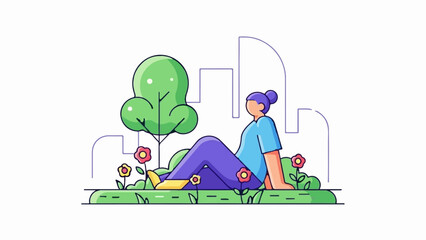 Obraz premium A person sits peacefully in a park, surrounded by trees, flowers, and abstract city buildings
