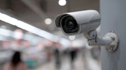 Surveillance camera captures blurred checkout area in a store filled with customers shopping during busy times of the day, ensuring security and safety