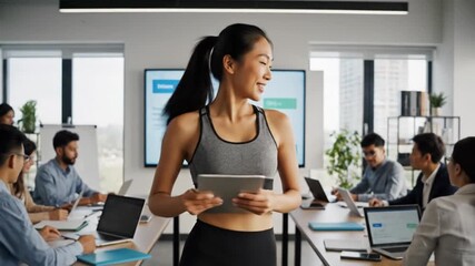 Asian Woman Leader in Sportswear Leading Business Meeting with Tablet