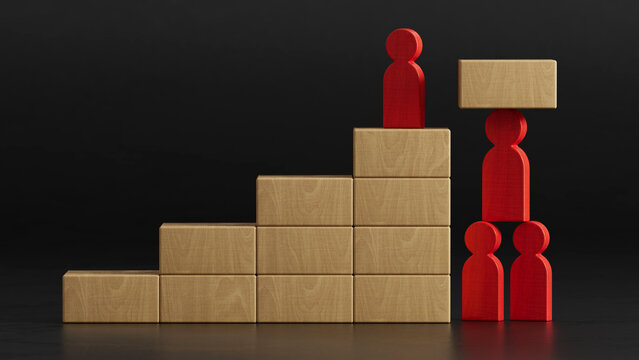 Red Atop Steps: Others Stack to Hold Block