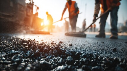 Construction workers are working together to lay tarmac on a road surface while the sun shines brightly during active work hours in an urban area