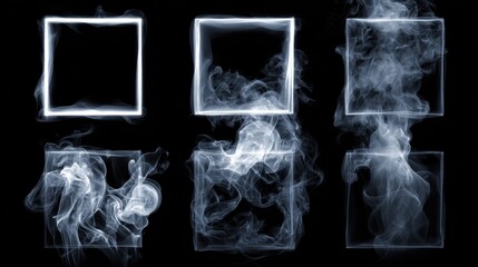 Square frames form from water vapor against a black background while artists showcase their work in a creative indoor setting