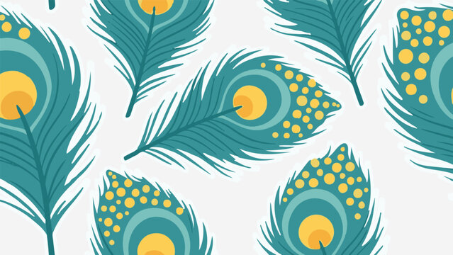 A repeating pattern of stylized peacock feathers in teal and yellow
