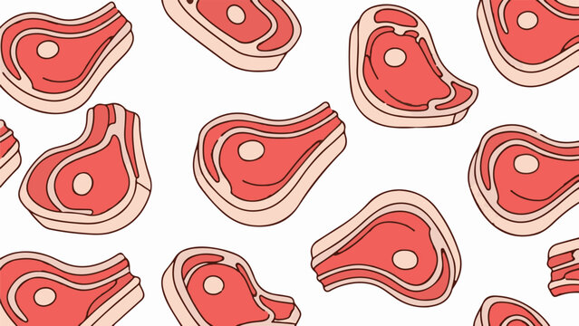 A repeating pattern of stylized red meat cuts on a white background